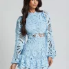 Elegant A-line Stand Collar Zipper Puff Sleeve Lace Mini Dress - Image 14