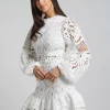 Elegant A-line Stand Collar Zipper Puff Sleeve Lace Mini Dress - Image 3