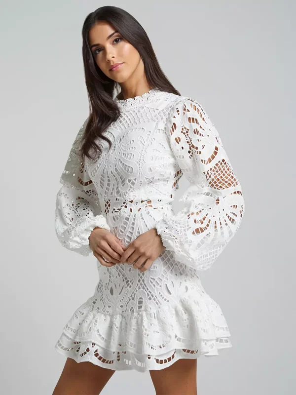 Elegant A-line Stand Collar Zipper Puff Sleeve Lace Mini Dress - Image 3