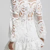 Elegant A-line Stand Collar Zipper Puff Sleeve Lace Mini Dress - Image 4