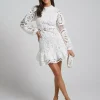 Elegant A-line Stand Collar Zipper Puff Sleeve Lace Mini Dress - Image 5