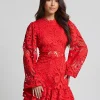 Elegant A-line Stand Collar Zipper Puff Sleeve Lace Mini Dress - Image 6