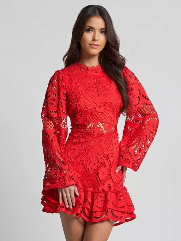 Elegant A-line Stand Collar Zipper Puff Sleeve Lace Mini Dress - Image 6