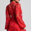 Elegant A-line Stand Collar Zipper Puff Sleeve Lace Mini Dress - Image 7