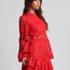Elegant A-line Stand Collar Zipper Puff Sleeve Lace Mini Dress - Image 8