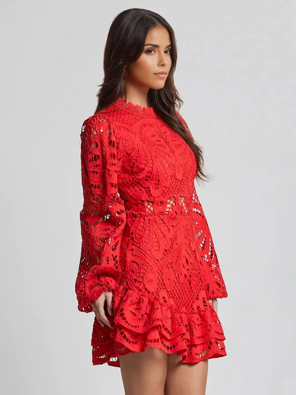 Elegant A-line Stand Collar Zipper Puff Sleeve Lace Mini Dress - Image 8