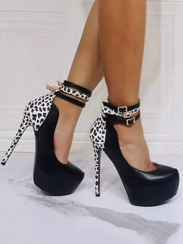 Elegant Ankle Strap PU Leather Round Toe High Heels