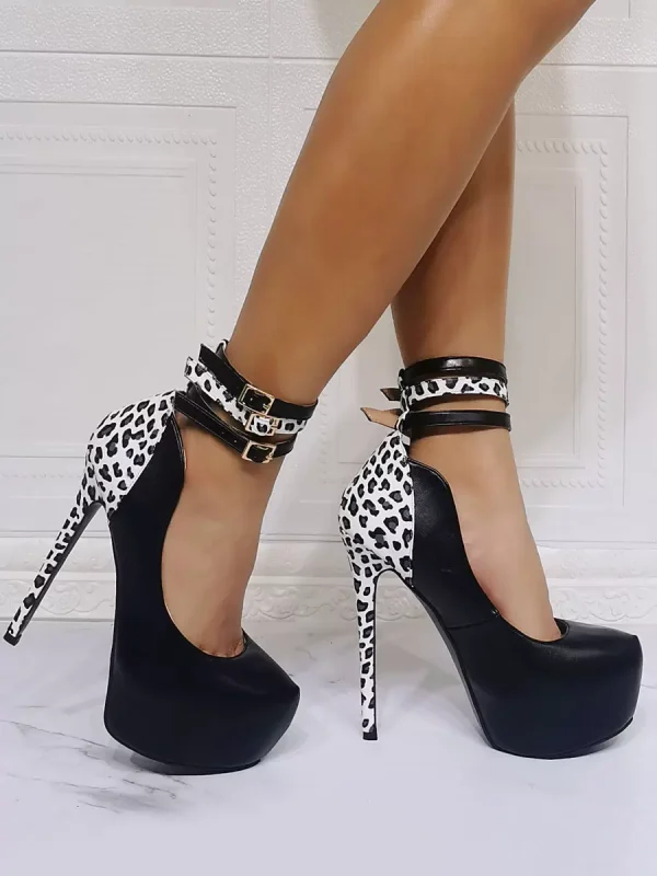 Elegant Ankle Strap PU Leather Round Toe High Heels - Image 3