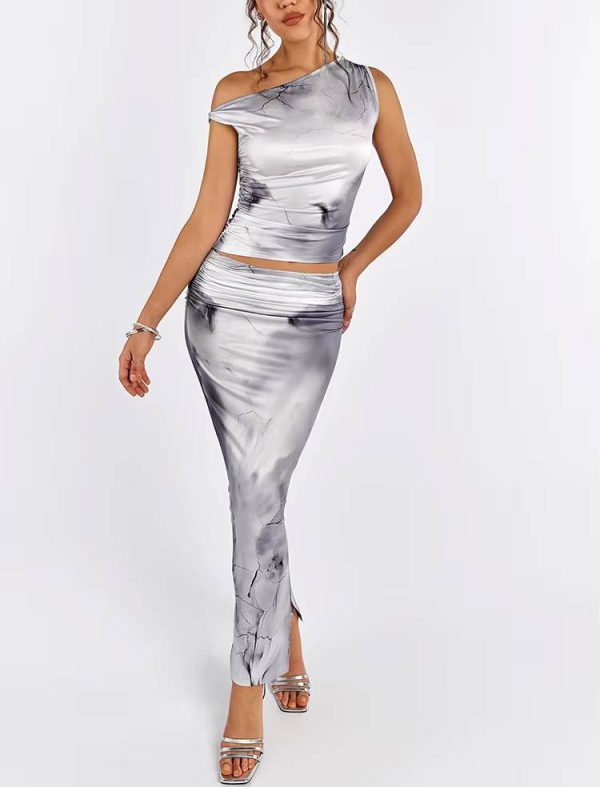 Elegant Asymmetric Neck Print Tank Top And Side Slit Long Skirt 2 Piece Set - Image 6