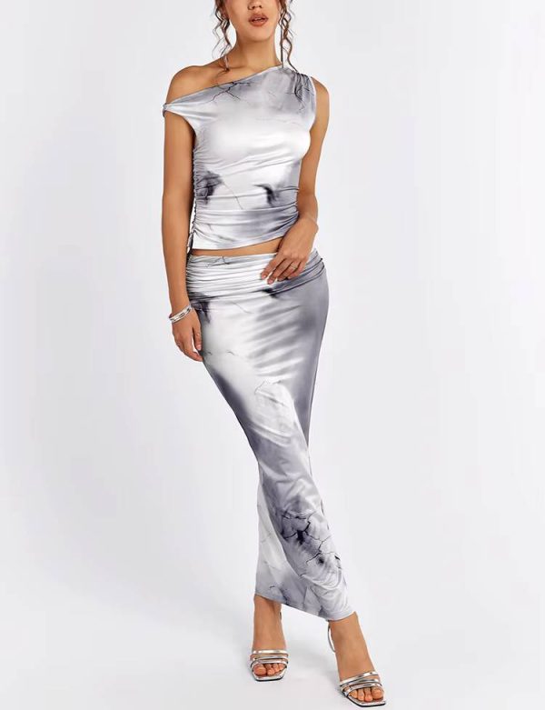 Elegant Asymmetric Neck Print Tank Top And Side Slit Long Skirt 2 Piece Set - Image 7