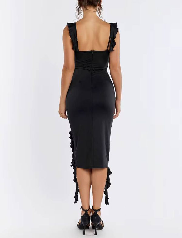 Elegant Asymmetric Ruffle Square Collar Neck Pencil Midi Dress Streetwear - Image 8