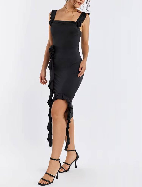 Elegant Asymmetric Ruffle Square Collar Neck Pencil Midi Dress Streetwear - Image 6