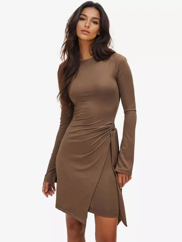 Elegant Asymmetrical Hem Long Sleeve Ruched Bodycon Mini Dress