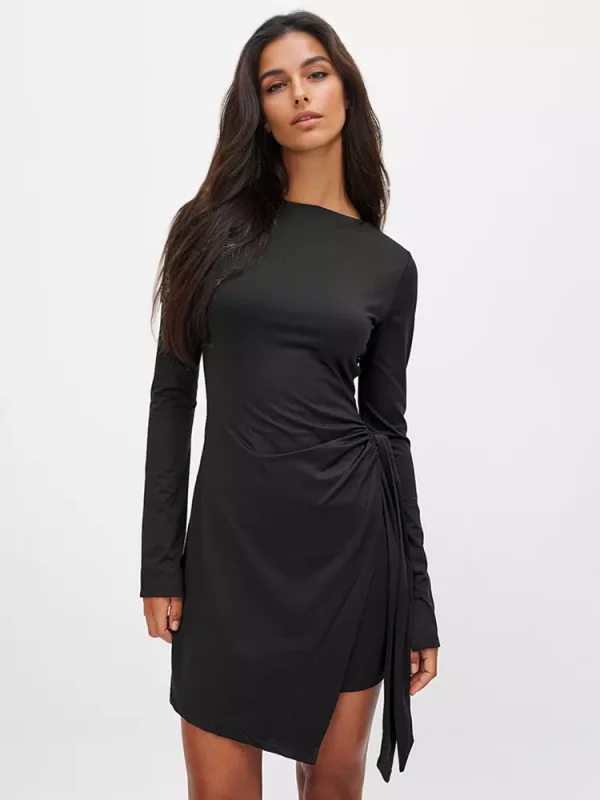 Elegant Asymmetrical Hem Long Sleeve Ruched Bodycon Mini Dress - Image 3