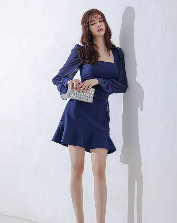 Elegant Chiffon Square Neck Full-sleeve Mermaid Bodycon Mini Dress - Image 2