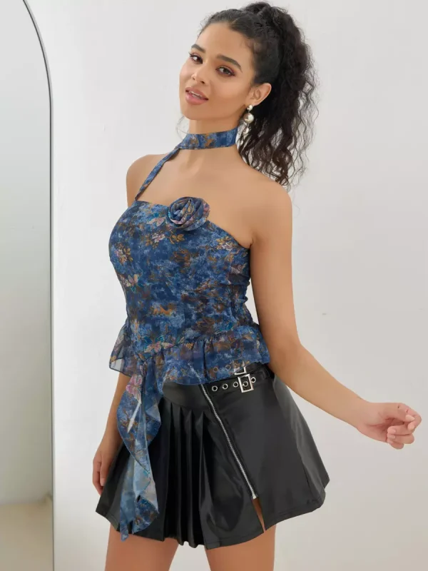 Elegant Choker Ruffle Tube Floral Print Sleeveless Top - Image 3