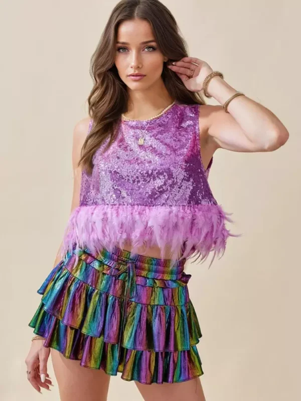 Elegant Crew Neck Feather Hem Sleeveless Sequin Crop Tops