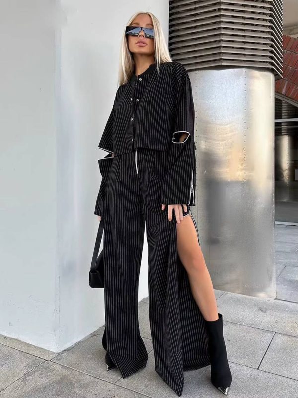 Elegant Crop Top With High Waist Slit Wide Pants Loose Stripe Print Two Pieces Set