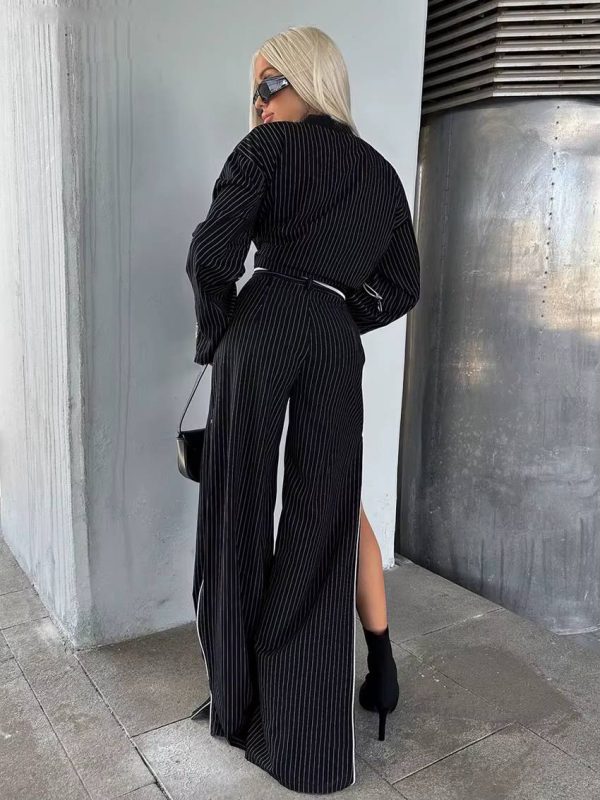 Elegant Crop Top With High Waist Slit Wide Pants Loose Stripe Print Two Pieces Set - Image 6