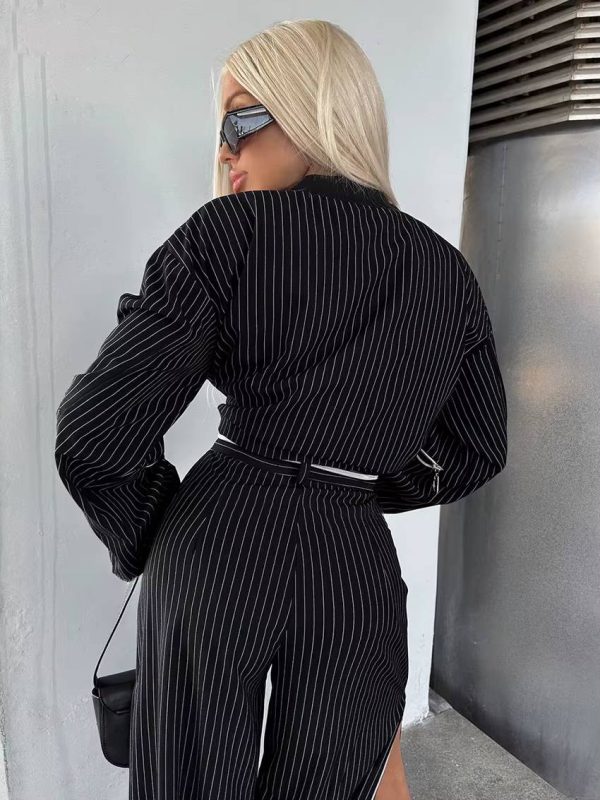 Elegant Crop Top With High Waist Slit Wide Pants Loose Stripe Print Two Pieces Set - Image 5