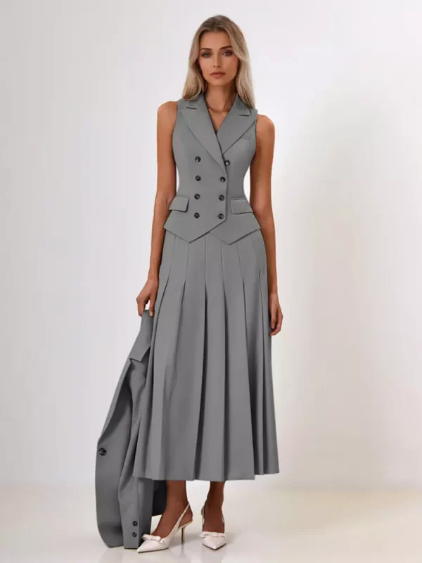 Elegant Double-breasted Lapel Vest And Pleated Long Skirt Two Piece Set