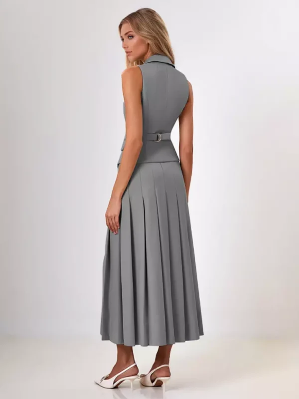 Elegant Double-breasted Lapel Vest And Pleated Long Skirt Two Piece Set - Image 2