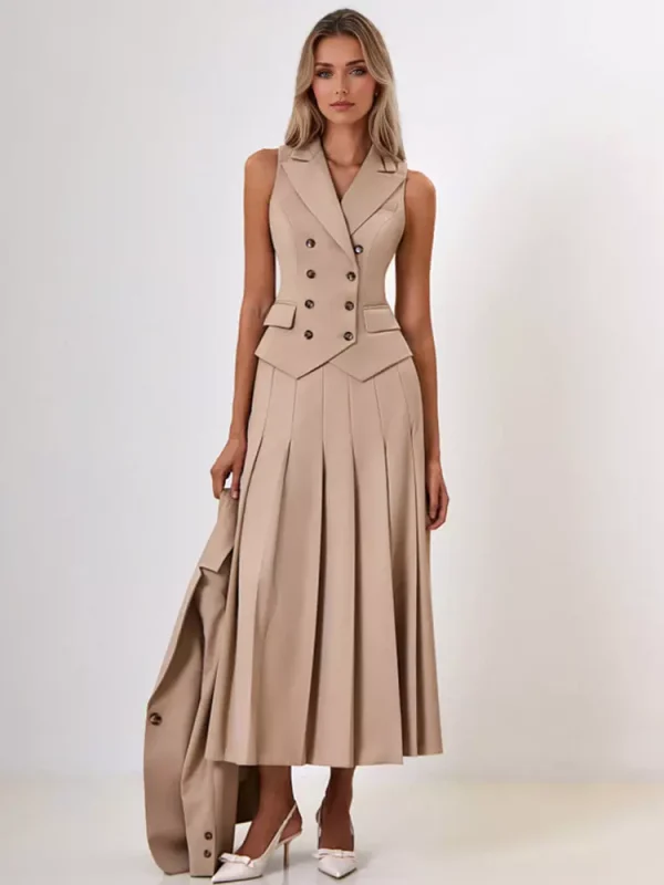 Elegant Double-breasted Lapel Vest And Pleated Long Skirt Two Piece Set - Image 4