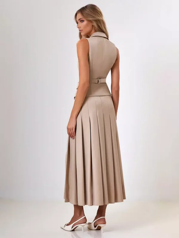 Elegant Double-breasted Lapel Vest And Pleated Long Skirt Two Piece Set - Image 5