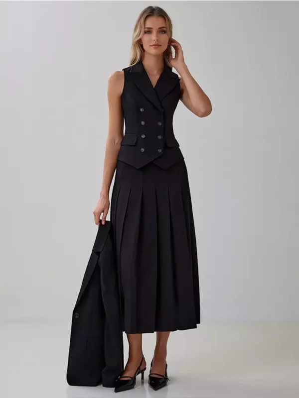 Elegant Double-breasted Lapel Vest And Pleated Long Skirt Two Piece Set - Image 7