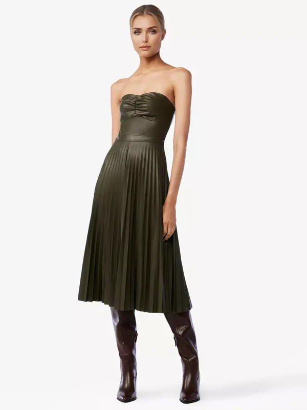 Elegant Faux Leather Pleated Dress Strapless A-line PU Midi Dress - Image 4