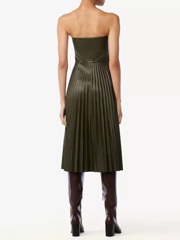 Elegant Faux Leather Pleated Dress Strapless A-line PU Midi Dress - Image 5