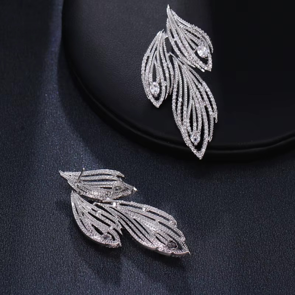 Elegant Leaf Shaped Cubic Zirconia Crystal Bridal Long Earrings - Image 2