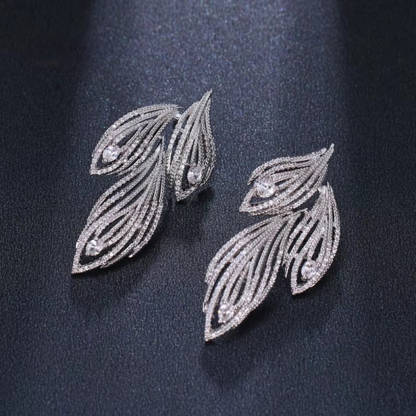 Elegant Leaf Shaped Cubic Zirconia Crystal Bridal Long Earrings - Image 3