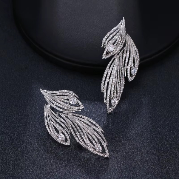 Elegant Leaf Shaped Cubic Zirconia Crystal Bridal Long Earrings - Image 4