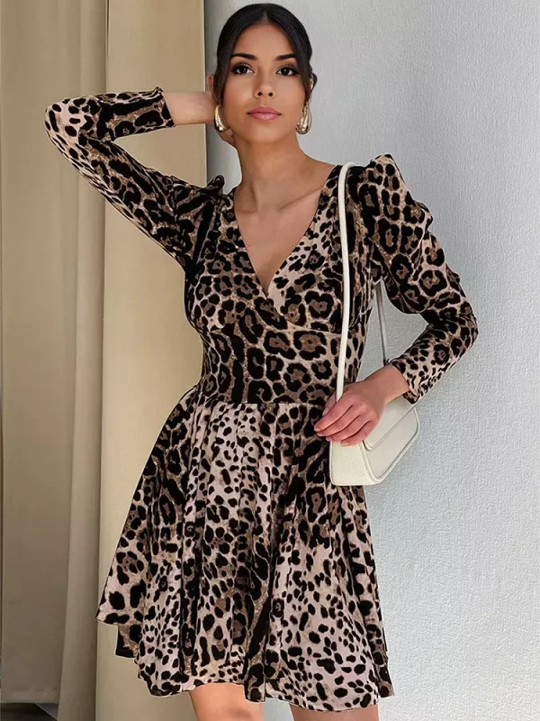 Elegant Leopard Print V-neck Long Sleeves Mini Swing Skater Dress