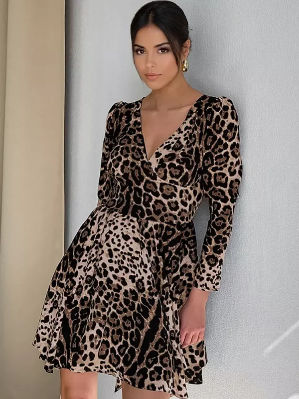 Elegant Leopard Print V-neck Long Sleeves Mini Swing Skater Dress - Image 2