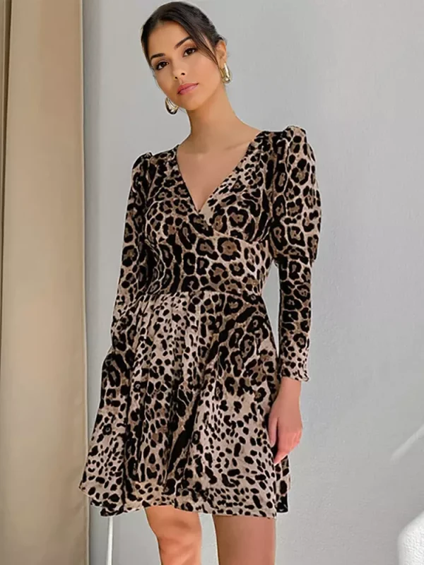 Elegant Leopard Print V-neck Long Sleeves Mini Swing Skater Dress - Image 3