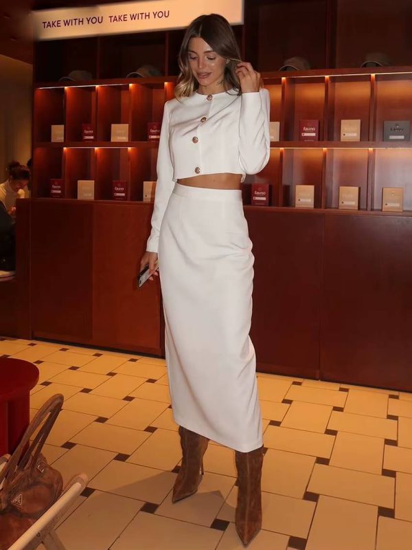 Elegant Long Sleeve Crop Top With High Waist Long Skirt 2 Piece Sets