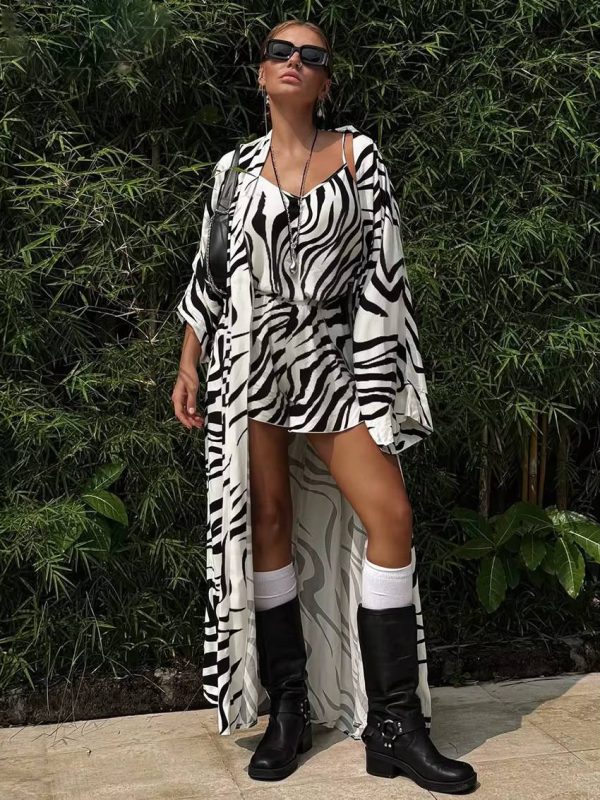 Elegant Long Sleeve Robes And Tank Top With High Waist Shorts Loose Stripe Print 2 Piece Set