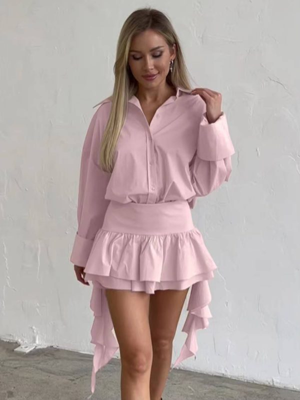 Elegant Long Sleeve Shirt With High Waist Pleated Mini Skirt 2 Pieces Set - Image 4