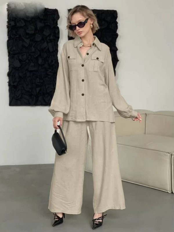 Elegant Loose Long Sleeve Blouse With High Waist Wide Pants 2 Piece Sets