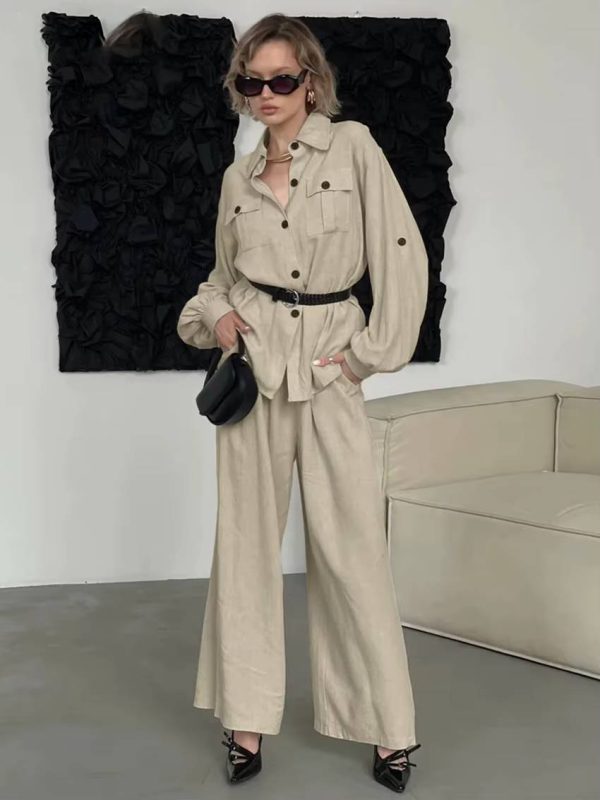 Elegant Loose Long Sleeve Blouse With High Waist Wide Pants 2 Piece Sets - Image 2