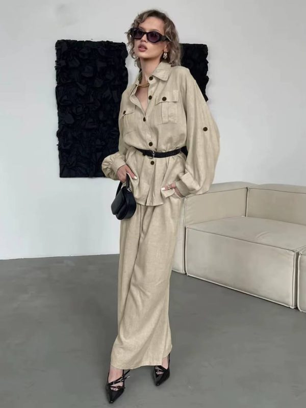 Elegant Loose Long Sleeve Blouse With High Waist Wide Pants 2 Piece Sets - Image 3