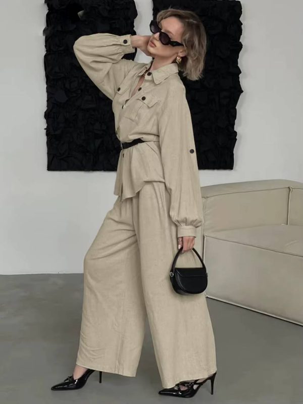 Elegant Loose Long Sleeve Blouse With High Waist Wide Pants 2 Piece Sets - Image 4