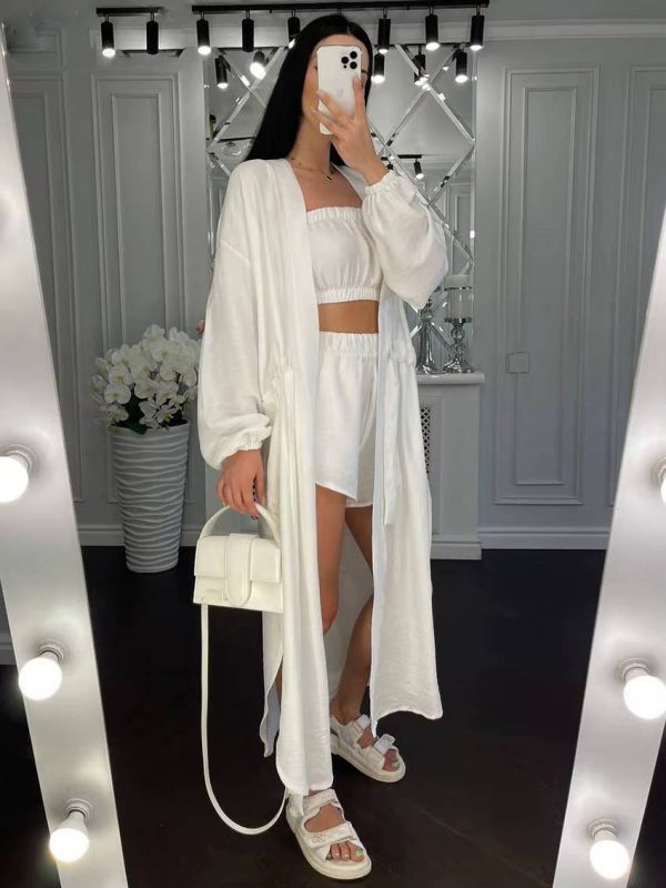 Elegant Loose Long Sleeve Robes And Tube Top With High Waist Shorts 3 Piece Sets - Image 3