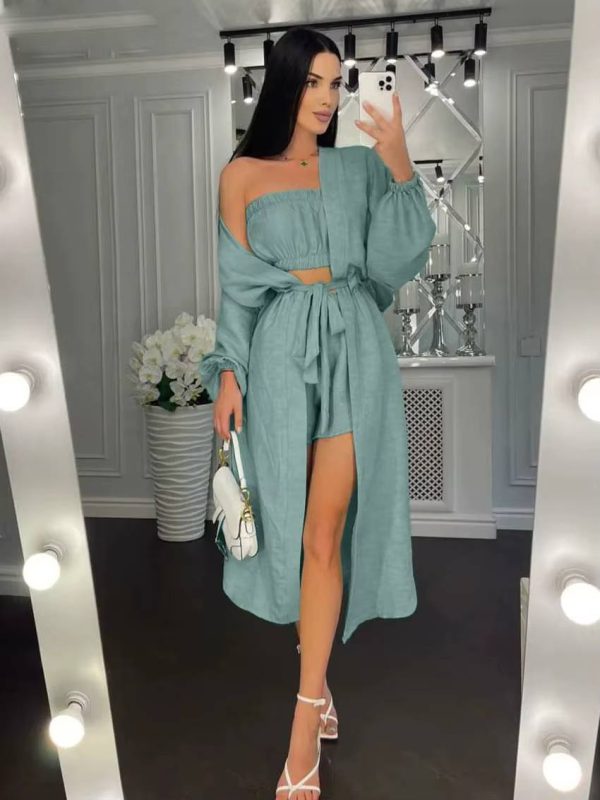 Elegant Loose Long Sleeve Robes And Tube Top With High Waist Shorts 3 Piece Sets - Image 6