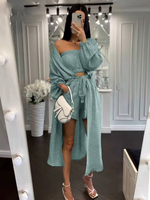 Elegant Loose Long Sleeve Robes And Tube Top With High Waist Shorts 3 Piece Sets - Image 7