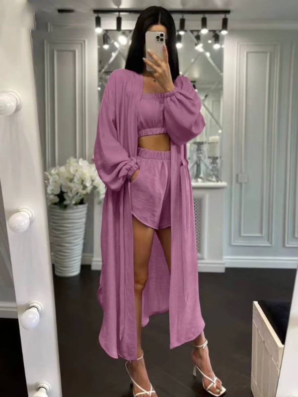 Elegant Loose Long Sleeve Robes And Tube Top With High Waist Shorts 3 Piece Sets - Image 2