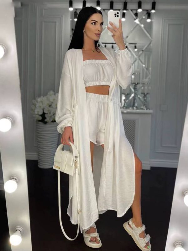 Elegant Loose Long Sleeve Robes And Tube Top With High Waist Shorts 3 Piece Sets - Image 4