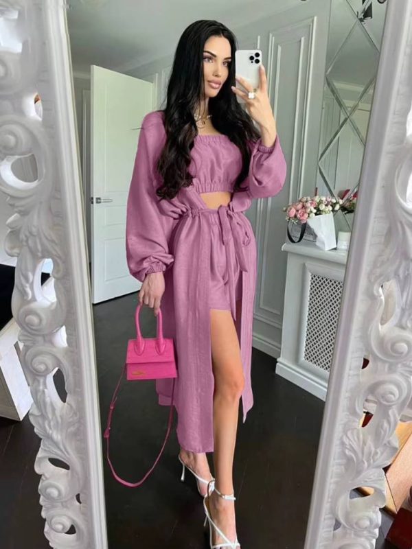 Elegant Loose Long Sleeve Robes And Tube Top With High Waist Shorts 3 Piece Sets